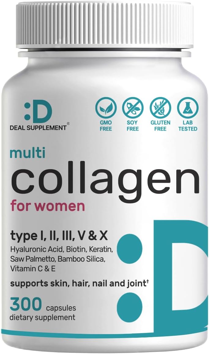 Multi Collagen Pills for Women & Men with Vitamin C, E & Biotin, 300 Capsules Type I, II, III, V, X Hydrolyzed Collagen Peptides 11 in 1 Formula with Saw Palmetto, Bamboo Silica, & Hyaluronic Acid Multi Collagen Pills for Women & Men with Vitamin C, E & Biotin, 300 Capsules Type I, II, III, V, X Hydrolyzed Collagen Peptides 11 in 1 Formula with Saw Palmetto, Bamboo Silica, & Hyaluronic Acid