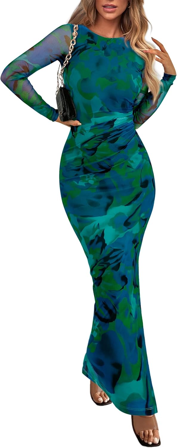 PRETTYGARDEN Women's Bodycon Maxi Dress Fall Spring Fashion Long Sleeve Floral Print Tight Fitted Party Club Ruched Dresses PRETTYGARDEN Women's Bodycon Maxi Dress Fall Spring Fashion Long Sleeve Floral Print Tight Fitted Party Club Ruched Dresses