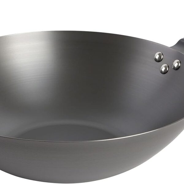 Babish Carbon Steel Wok 14 Inch Flat Bottom Stir Fry Pan Durable Heavy Duty Cookware for High Heat Cooking Stir Fry Sauting Frying Compatible with Gas Electric and Induction Stovetops