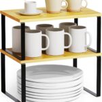 SpaceAid Cabinet Shelf Organizers 2 Pack, Kitchen Counter Rack Shelves Riser, Stackable Expandable Spice Rack, Pantry Cupboard Storage Organization (Black and Natural, Short)
