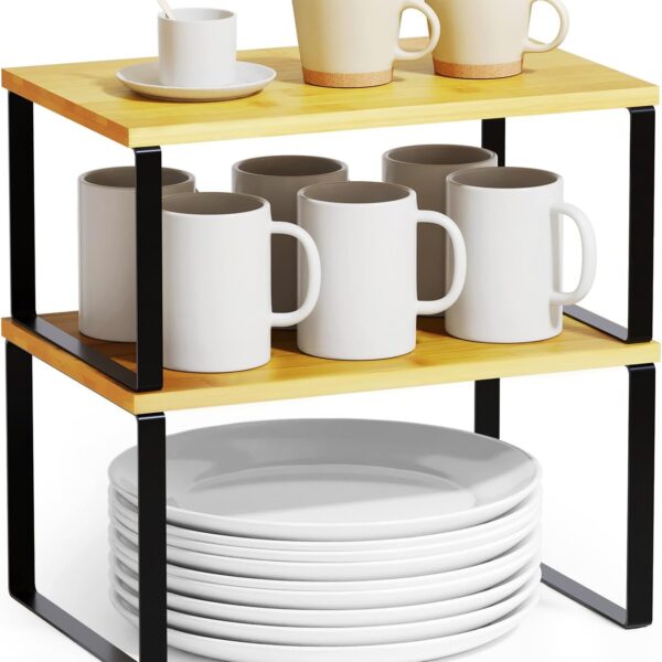 SpaceAid Cabinet Shelf Organizers 2 Pack, Kitchen Counter Rack Shelves Riser, Stackable Expandable Spice Rack, Pantry Cupboard Storage Organization (Black and Natural, Short)