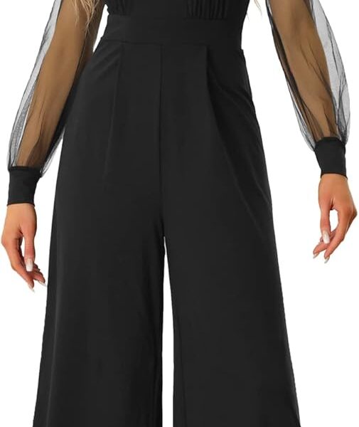 Allegra K Women's Elegant V Neck Mesh Long Sleeve Loose Wide Leg Romper Party Jumpsuits