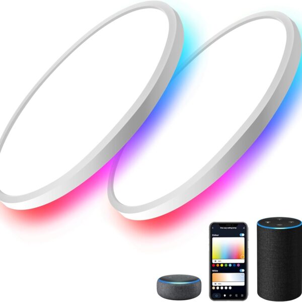 MELEGAN 2Pcs RGB Smart Ceiling Light, Super Slim LED Flush Mount Ceiling, WiFi Compatible with Alexa Google Home,12Inch 24W Dimmable 2700K-6500K for Bedroom, Kitchen, Dining Room, Basements