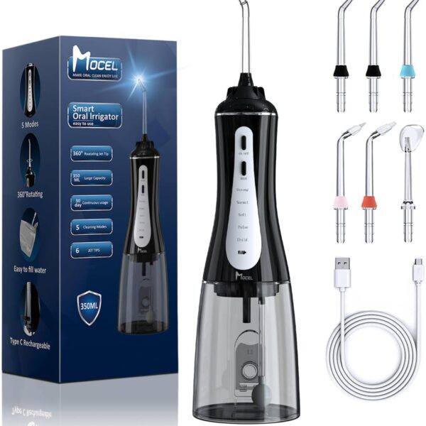 MOCEL Water Dental Flosser Oral Irrigator with 5 Modes, 350ml Cordless Water Teeth Cleaner Pick 6 Tips, IPX7 Waterproof Rechargeable Portable Powerful Battery for Travel & Home Braces & Bridges Care