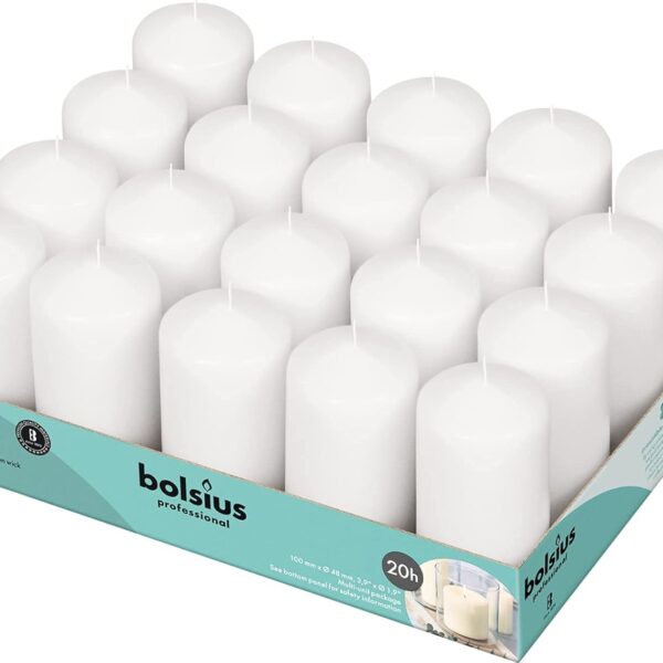 BOLSIUS Set of 20 White Pillar Candles - 2x4 inch Unscented Candle Set - Dripless Clean Burning Smokeless Dinner Candle - Perfect for Wedding Candles, Parties and Special Occasions