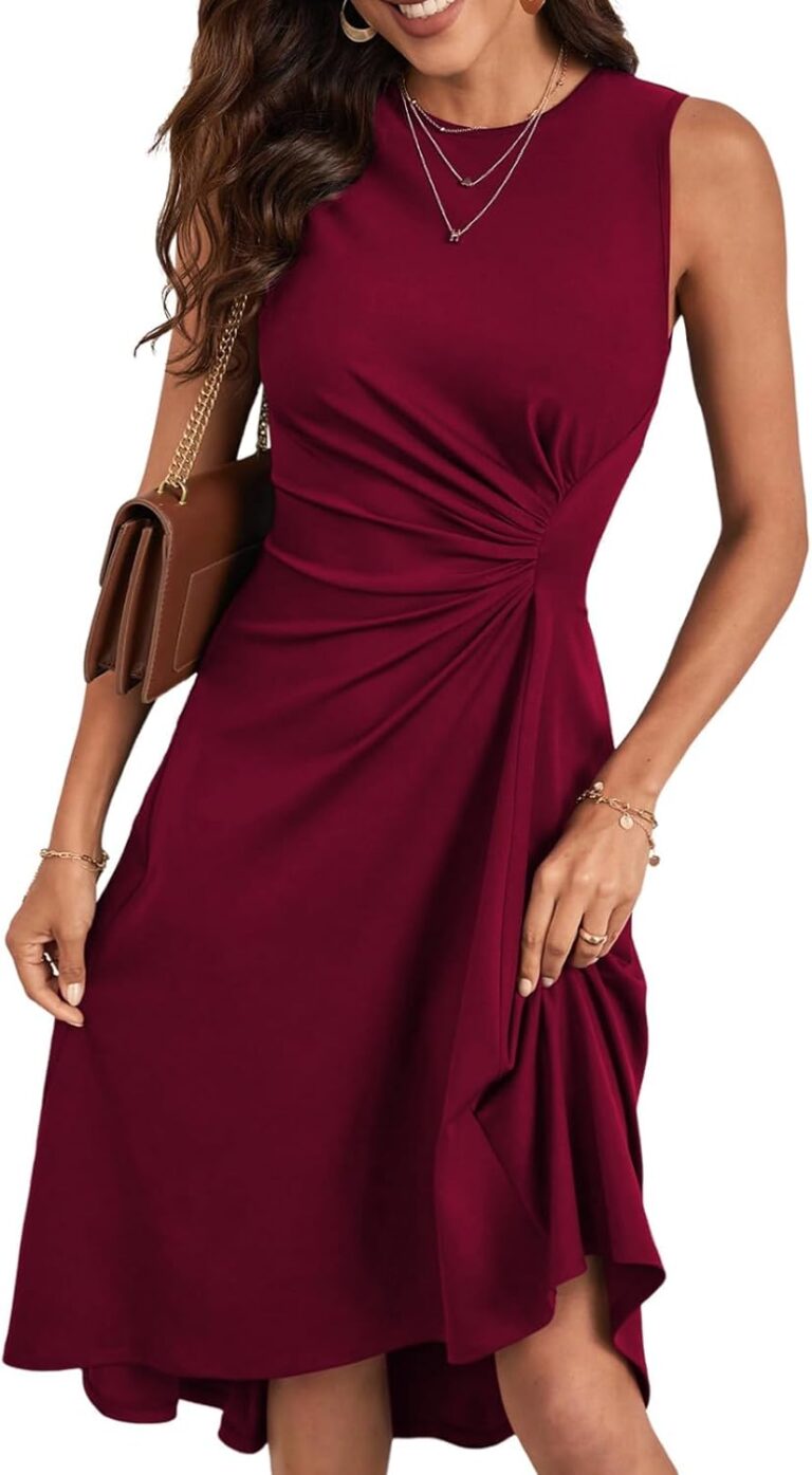 Happy Sailed Women's Summer Dresses Sleeveless Ruched Waist A Line High Low Midi Cocktail Dress(Waist Tight,Please Size Up)