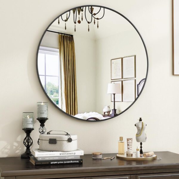 VooBang Black Round Bathroom Mirror, 20 inch Circle Wall Mounted Hanging Mirror with Simple Modern Circular Metal Frame for Hallway, Entryway, Living Room, Black Frame