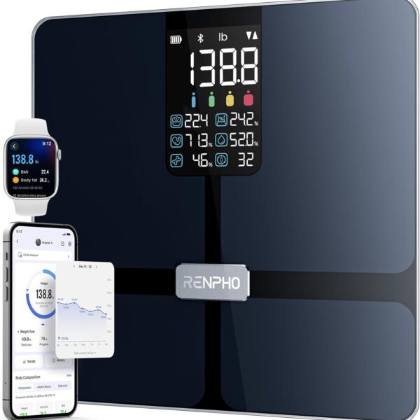 RENPHO Scale for Body Weight, Smart Scale with BMI, Body Fat, Muscle Mass, Bluetooth, 13 Metrics with Large Display, Support App Connection, Black, Elis 2X