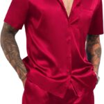 LecGee Men's Satin 2 Piece Outfits Lapel Shirt and Shorts Short Sleeve Button Down Tracksuit Luxury Set Prom Club Party