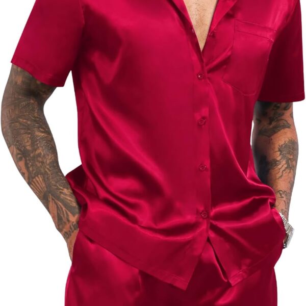 LecGee Men's Satin 2 Piece Outfits Lapel Shirt and Shorts Short Sleeve Button Down Tracksuit Luxury Set Prom Club Party