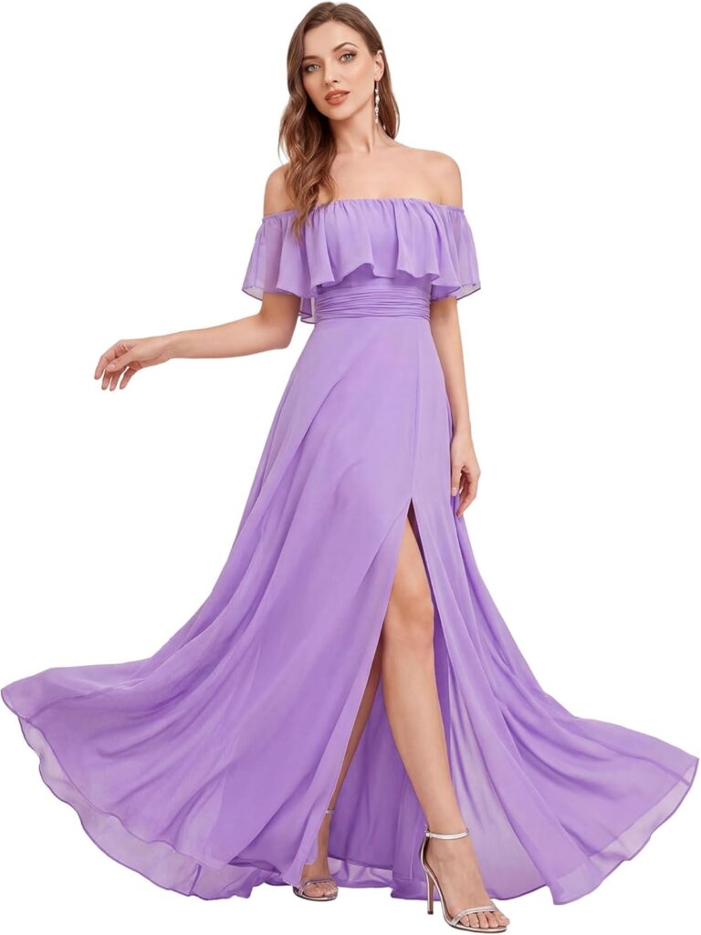 Ever-Pretty Women's Summer Off The Shoulder Flowy Chiffon Formal Wedding Guest Dresses Maxi Side Split Bridesmaid Dress 0968