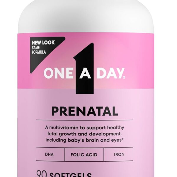One A Day Prenatal Vitamins- Folic Acid, Iron, Omega- 3 (DHA), Pregnancy Vitamins for Women, Prenatal Multivitamin for Mom and Baby Support, Pregnancy Must Haves 90 Ct (Packaging May Vary)