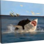 Yaneiro Framed Black Cat Bathroom Wall Art, Funny Quirky Cat and Shark Pictures Canvas Print, Abstract Black Cat Shark Posters Wall Decor for Room Bedroom Living Room Bathroom 12x16 in