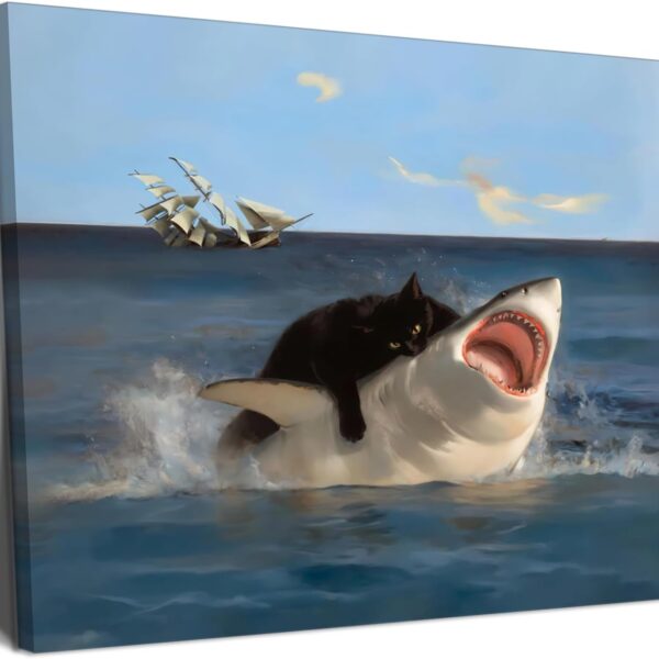 Yaneiro Framed Black Cat Bathroom Wall Art, Funny Quirky Cat and Shark Pictures Canvas Print, Abstract Black Cat Shark Posters Wall Decor for Room Bedroom Living Room Bathroom 12x16 in