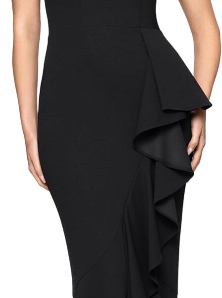 Betsy & Adam Women's Betsy & Adam Women's Floor-Length, Off-the-Shoulder, with Cascading Ruffle Detail and Fitted Silhouette