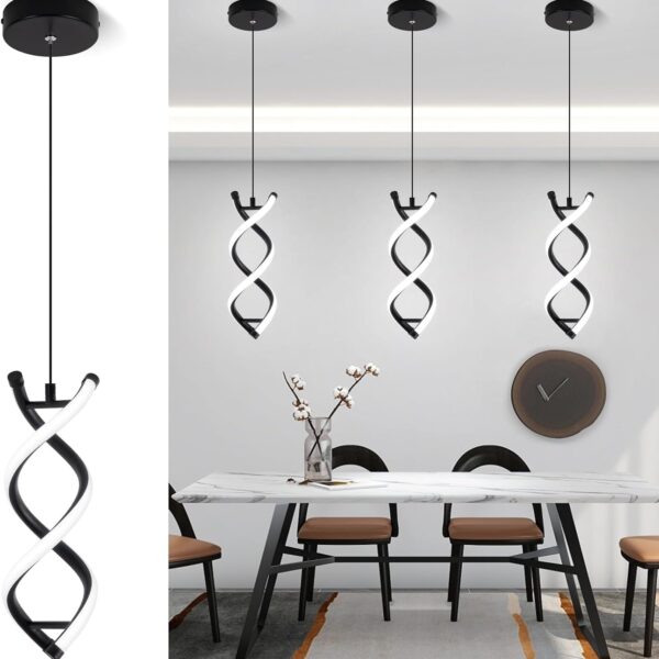 CANEOE Spiral Led Pendant Light Fixture,15W 6000K Modern Integrated LED Hanging Lamp, Adjustable Height Black Kitchen Island Light Fixture for Dining Room Bedroom Kitchen Sink, 1 Pack (Black)