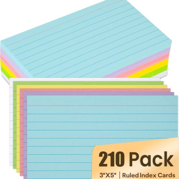 Index Cards 3x5, Ruled Flash Cards for Studying, Colored Note Cards Study Cards, 210 pcs Flashcards for Office and School Suplplies