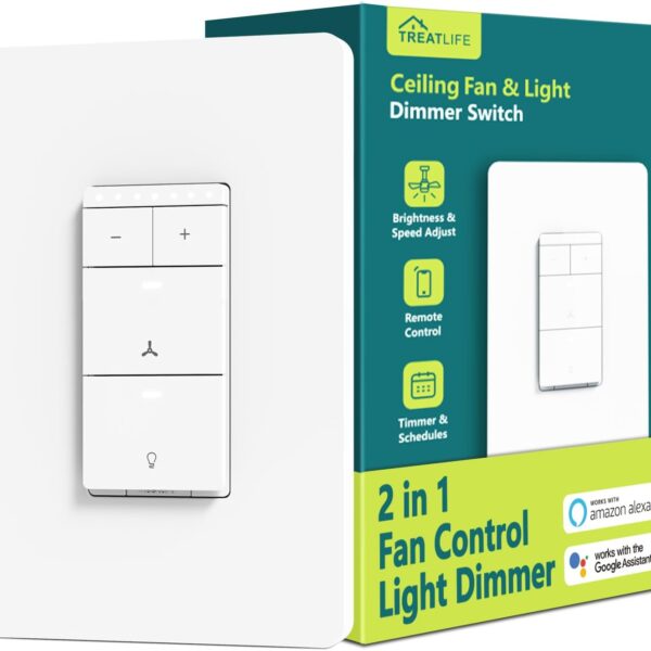 Smart Ceiling Fan Control and Dimmer Light Switch, Neutral Wire Needed, TREATLIFE 2.4Ghz Single Pole Wi-Fi Fan and Light Switch Combo, Works with Alexa, Google Home and SmartThings, Remote Control