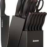 Knife Set, Astercook 15 Pieces Knife Sets for Kitchen with Block, Dishwasher Safe Kitchen Knife Set with Built in Sharpener Block, German Stainless Steel Kitchen Utensils Set