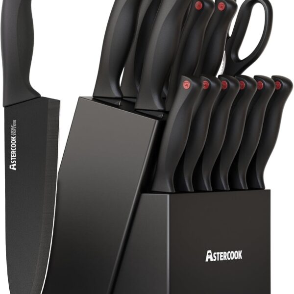Knife Set, Astercook 15 Pieces Knife Sets for Kitchen with Block, Dishwasher Safe Kitchen Knife Set with Built in Sharpener Block, German Stainless Steel Kitchen Utensils Set