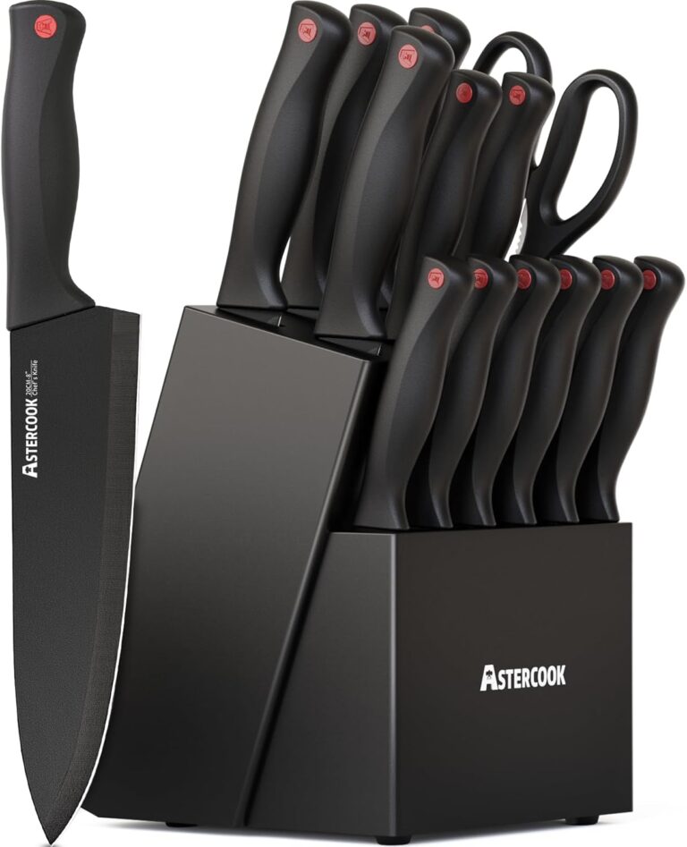 Knife Set, Astercook 15 Pieces Knife Sets for Kitchen with Block, Dishwasher Safe Kitchen Knife Set with Built in Sharpener Block, German Stainless Steel Kitchen Utensils Set