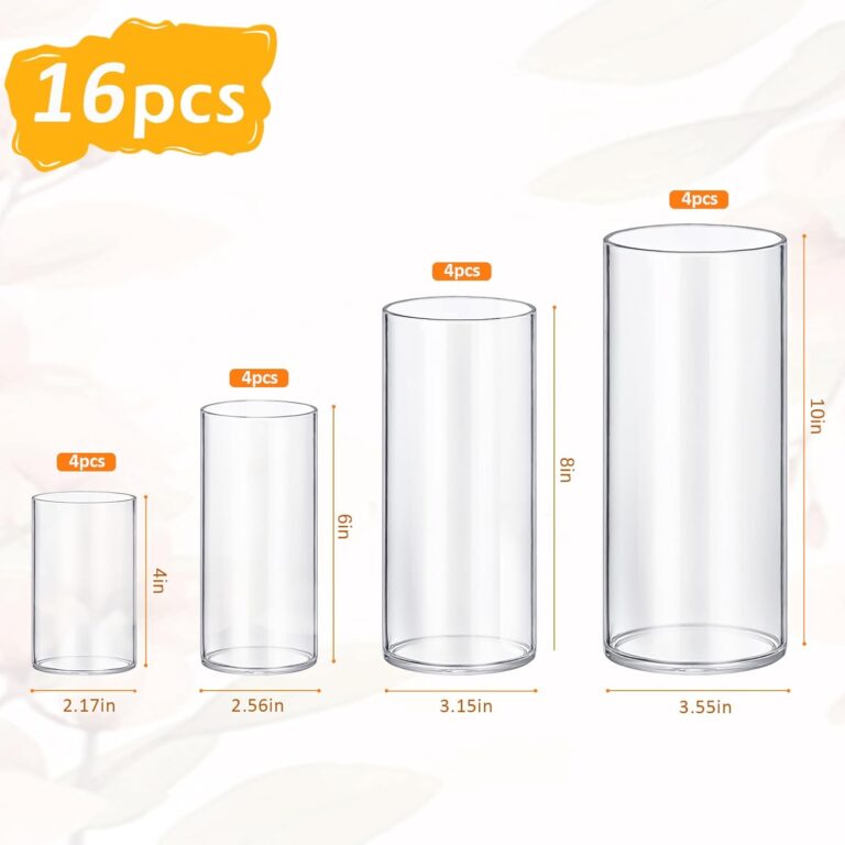Homjoy Glass Cylinder Vase Sets 16 Pack Tall Clear Flower Vase Hurricane Floating Candle Holder for Table Centerpiece Wedding Home Dcor(2.17 x 4IN + 2.56 x 6IN + 3.15 x 8IN + 3.55 x 10IN)