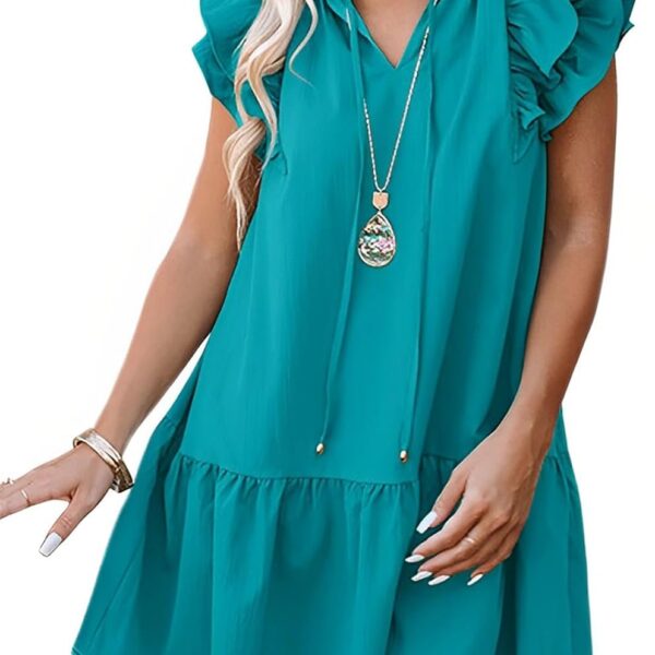 Dokotoo Womens Summer Dresses 2026 V-Neck Drawstring Ruffle Cap Short Sleeve Side Pockets Mini Dress Sundress