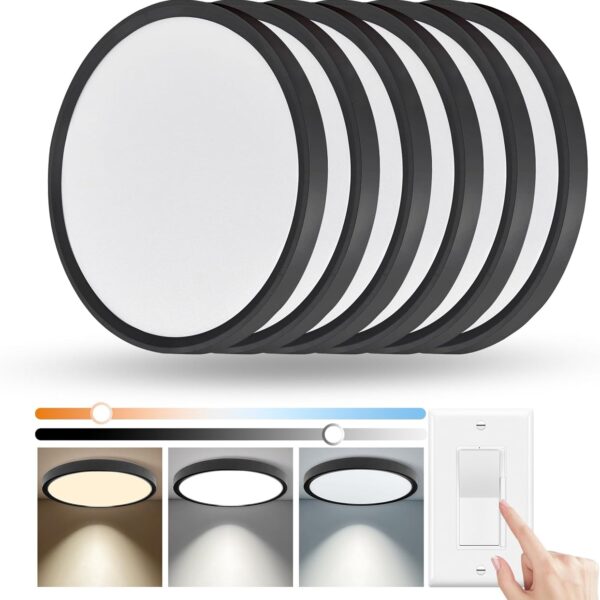 6 Pack 12 Inch Slim Dimmable LED Flush Mount Ceiling Light Fixtures, 24W 2640LM 3000K/4000K/5000K, House Upgrade Led Lights for Bedroom Hallway Laundry Room Rental Units, 240W Equiv., Black