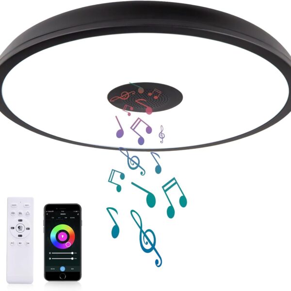 Black Smart Waterproof LED Flush Mount Ceiling Light Fixture,18W,with Bluetooth Speaker,RGB Color Changing Function-Dimmable Lamp,Tuya Application Control-Compatible with Alexa Google Home