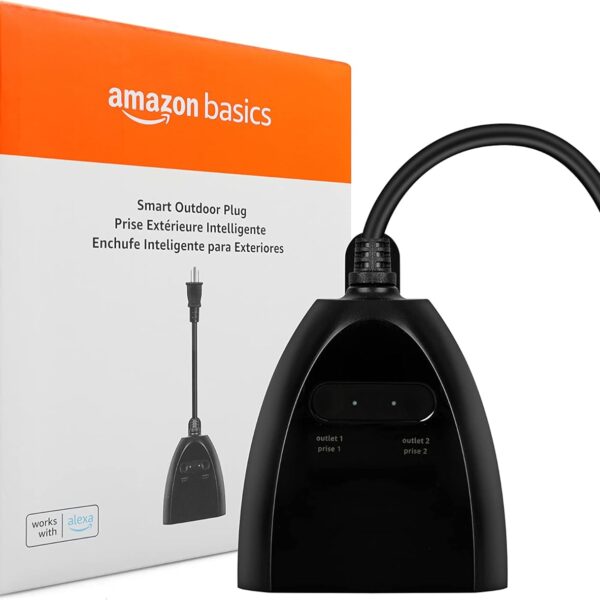 Amazon Basics Outdoor Smart Plug with 2 Individually Controlled Outlets, Works with Alexa Only, Voice Control, Weather Resistant, 2.4 GHz Wi-Fi, No Hub Required, Black