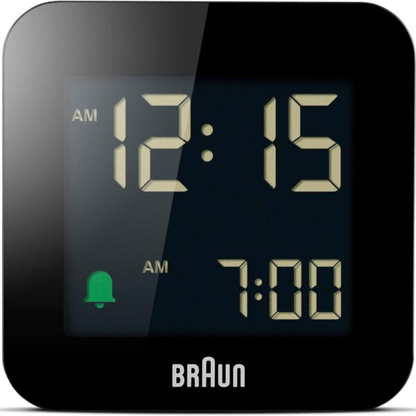 Braun Digital Travel Alarm Clock with Snooze, Compact Size, Negative LCD Display, Quick Set, Crescendo Beep Alarm in Black, Model BC08B (1-Pack)