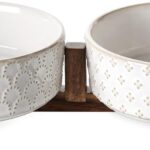 LE TAUCI Dog Bowl Set with Acacia Wood Stand - 1.5-Cup Ceramic Puppy Bowls for Small Dogs, Dual Food and Water Bowls with Weighted Non-Slip Base