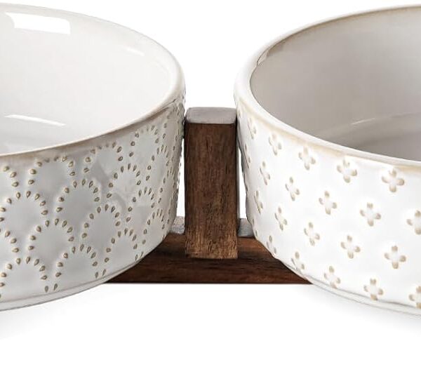 LE TAUCI Dog Bowl Set with Acacia Wood Stand - 1.5-Cup Ceramic Puppy Bowls for Small Dogs, Dual Food and Water Bowls with Weighted Non-Slip Base