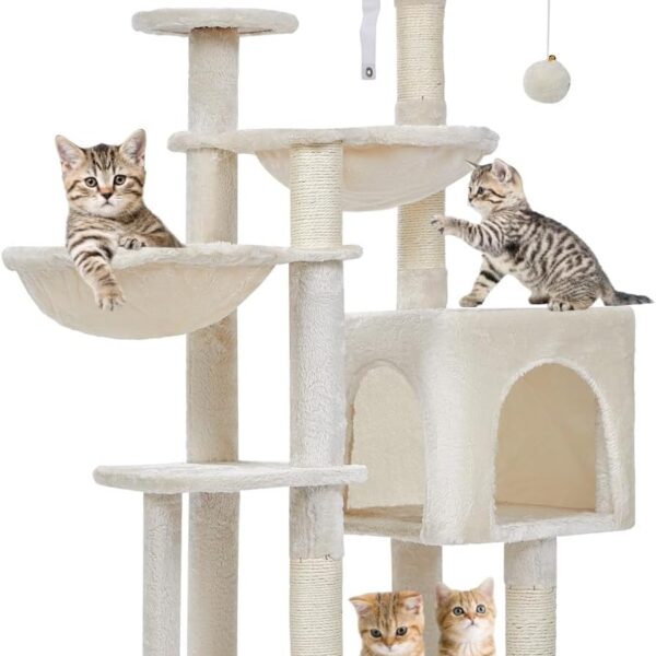 Taoqimiao Gothic Cat Tree, 39.4-Inch Cat Tower for Indoor Cats,Suitable for Kittens,Plush Cat Condo with 5 Scratching Posts, Plush Perch,2 Hammock,Pompoms, MS019M Beige