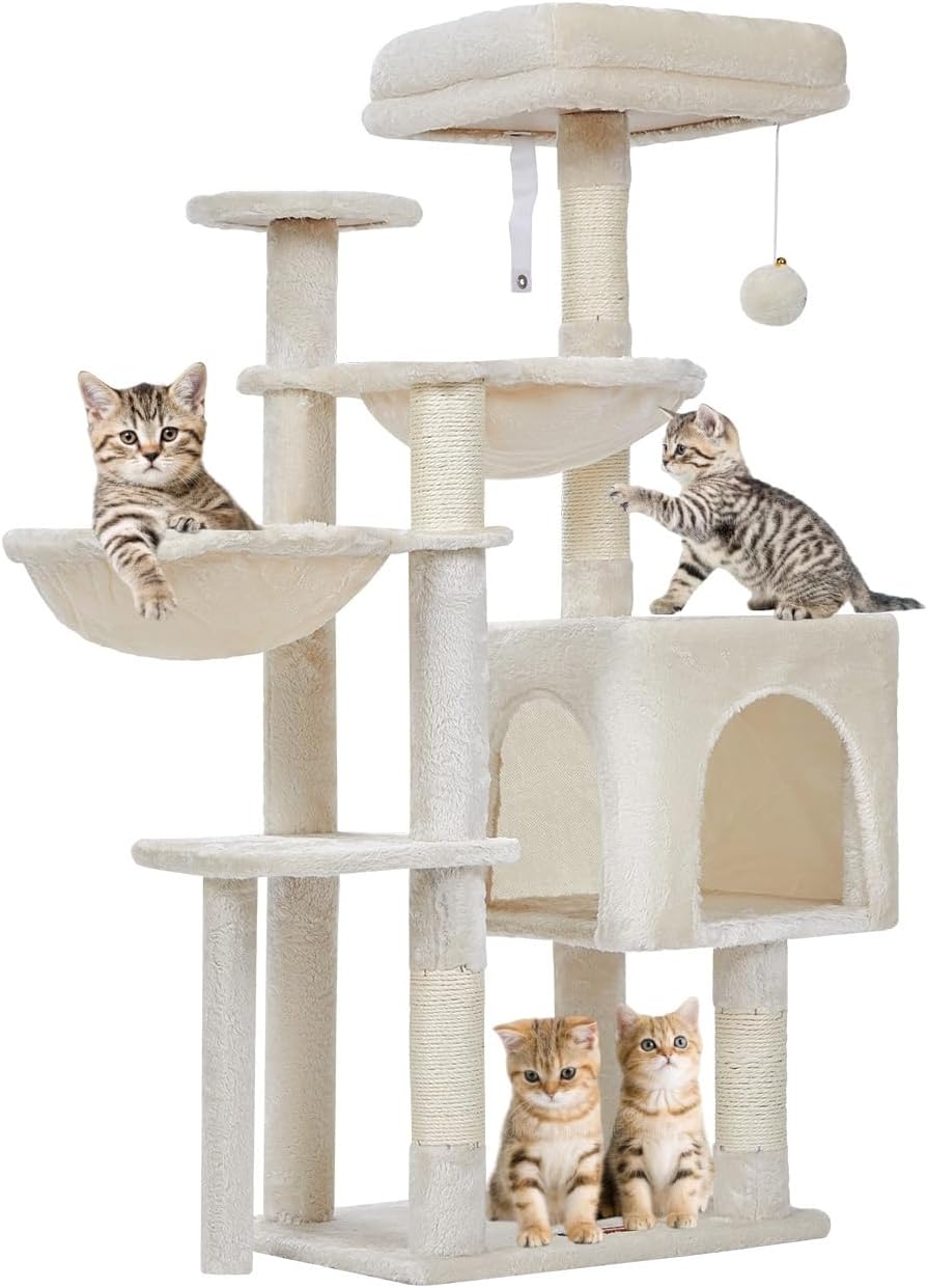 Taoqimiao Gothic Cat Tree, 39.4-Inch Cat Tower for Indoor Cats,Suitable for Kittens,Plush Cat Condo with 5 Scratching Posts, Plush Perch,2 Hammock,Pompoms, MS019M Beige Taoqimiao Gothic Cat Tree, 39.4-Inch Cat Tower for Indoor Cats,Suitable for Kittens,Plush Cat Condo with 5 Scratching Posts, Plush Perch,2 Hammock,Pompoms, MS019M Beige
