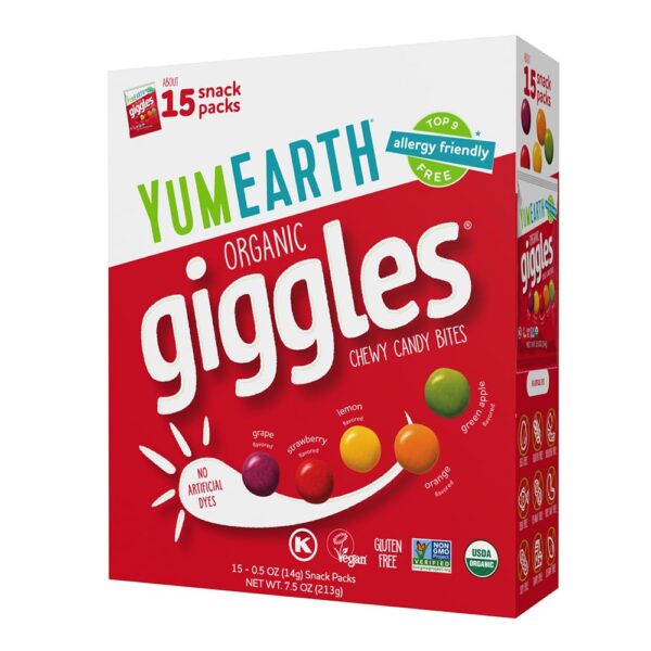 YumEarth Organic Giggles Chewy Candy  Allergy Friendly, No Artificial Dyes, Non GMO, Gluten Free, Fruit Flavored, Vegan Candy Snacks 0.5 oz (Box of 15)