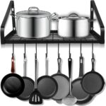 Felibeaco Hanging Pots & Pans Rack,Wall Mounted Pots Pans Organizer Holder Rack with 8 Hooks, Kitchen Wall Storage Organizer Hanger Shelves for Pans Set, Utensils, Cookware, Books, Household,Black