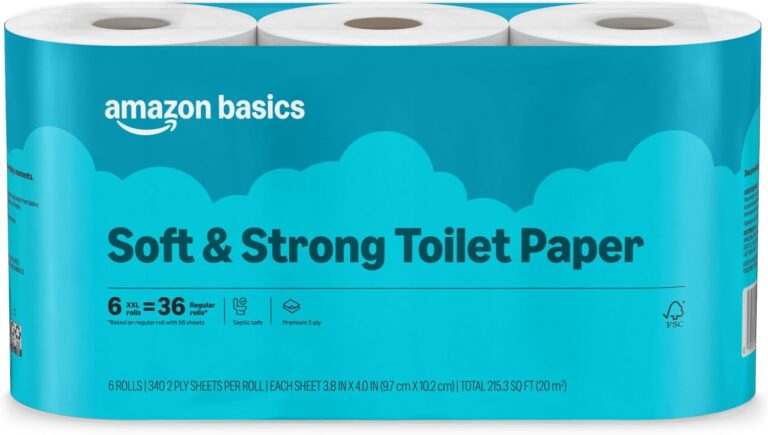 Amazon Basics Soft and Strong 2-Ply Toilet Paper, 6 Ultra Rolls = 24 Regular Rolls, Unscented, 340 Sheet (1 Pack of 6), Packaging May Vary
