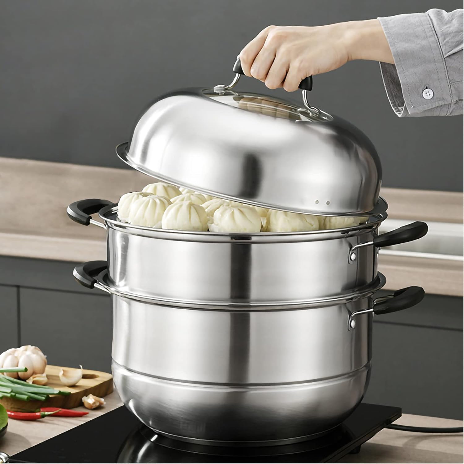 MANO Steamer Pot for Cooking 11.8 inch Steam Pots with Lid 2-tier Stainless Steel Steaming Pot Multipurpose Cookware with Handle for Vegetable, Dumpling, Stock, Sauce, Food MANO Steamer Pot for Cooking 11.8 inch Steam Pots with Lid 2-tier Stainless Steel Steaming Pot Multipurpose Cookware with Handle for Vegetable, Dumpling, Stock, Sauce, Food