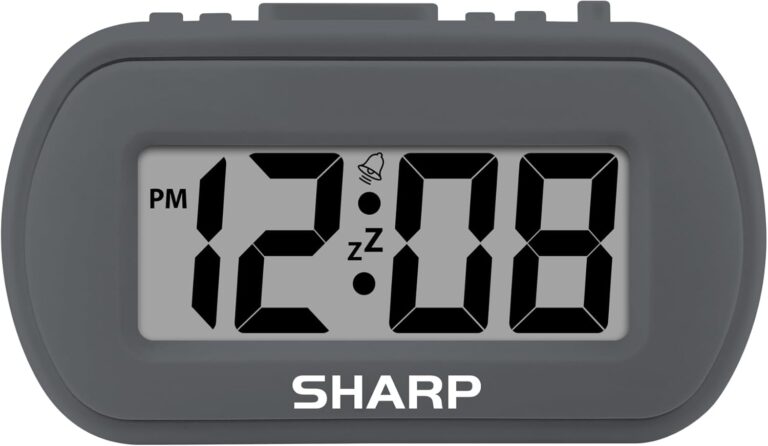 Sharp Digital Alarm Clock  Tactile Plastic Case with Soft Rubberized Finish - Battery Operated  Blue Backlight on Demand  Ascending Alarm  Easy to Use  Charcoal Black