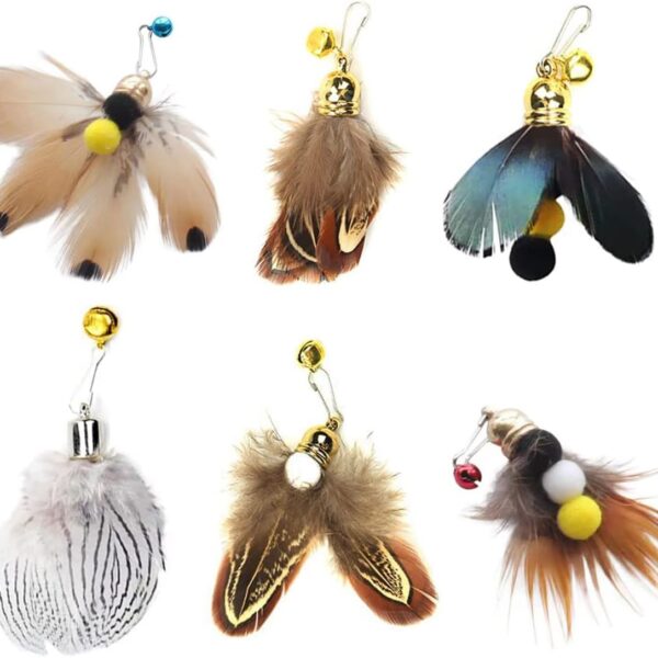 Cat Insect Feather Toys Replacement Cat Toy Wand Refills, 6 Pieces Natural Insect Cat Toy Feathers Refill, Interactive Cat Teaser Wand Attachments, with Bell