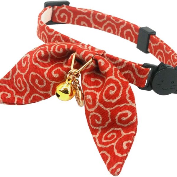 Bunny Ears Cat Collar, Japan Lucky  Charm. Safety Breakaway Bowtie Kitten Collar with Bell, Red