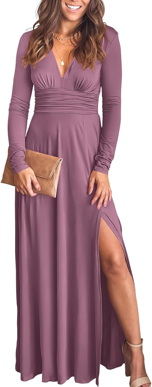 ANRABESS Women Deep V Neck Long Sleeve Slit 2026 Fall Elegant Formal Wedding Guest Cocktail Evening Date Prom Maxi Long Dress