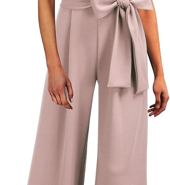 Knitee Women's Vintage Sleeveless Ruffle High Waist Wide Leg Romper Formal Long Jumpsuit with Belt