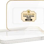 3 Pack Plastic Serving Trays for Party - Gold Serving Tray 8 x 11 Inch - Heavy Duty Dessert Trays for Food - Rectangular Party Serving Trays for Entertaining - Clear Cookie Platters