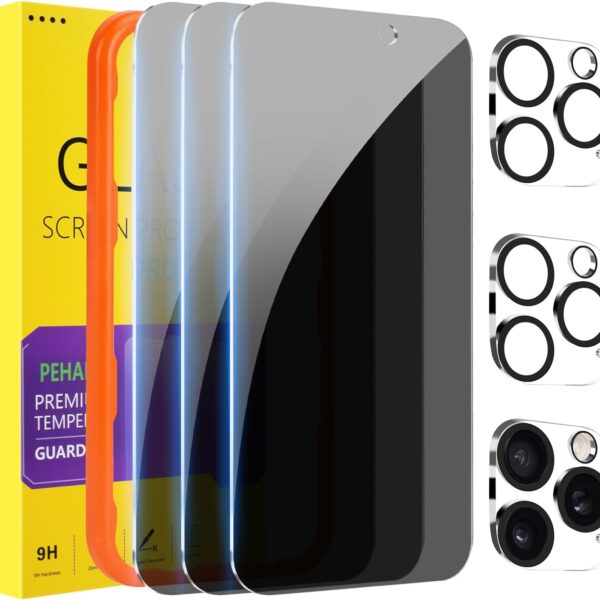 PEHAEL 3+3 Pack for iPhone 16 Pro Max Privacy Screen Protector with Camera Lens Protector Full Coverage Anti-Spy Tempered Glass Film 9H Hardness Easy Installation Bubble Free [6.9 inch]