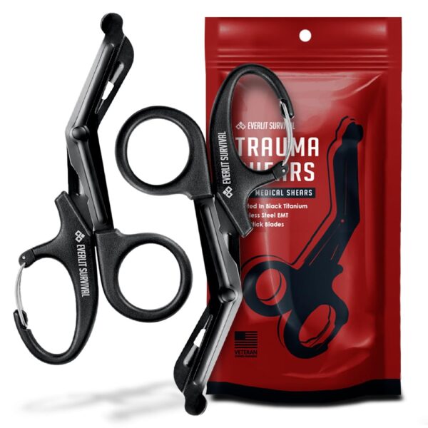 EVERLIT Trauma Shears Black Titanium Coated Non-Stick Blades Stainless Steel Bandage Medical Scissors with Oxygen Tank Wrench (7.5" Fullsize, 2 Pairs)