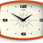 JONES CLOCKS Movie wall Clock | Retro Rectangular Clock | 10 inch | Orange | Cool mid-Century Designer Look for Kitchen, Living Room or Office
