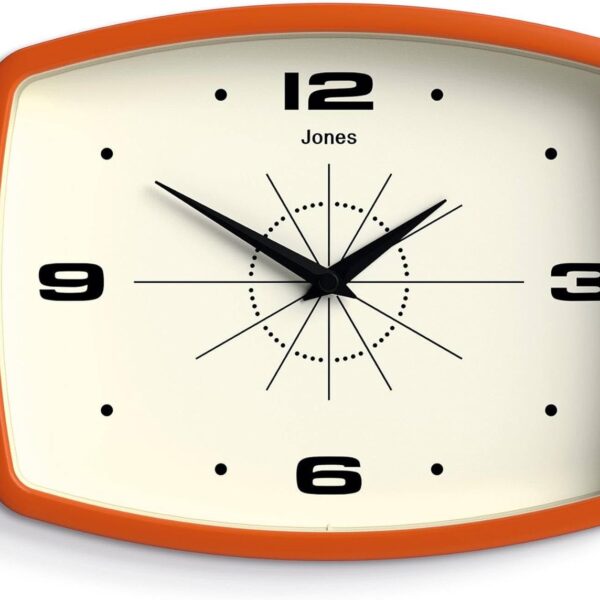 JONES CLOCKS Movie wall Clock | Retro Rectangular Clock | 10 inch | Orange | Cool mid-Century Designer Look for Kitchen, Living Room or Office
