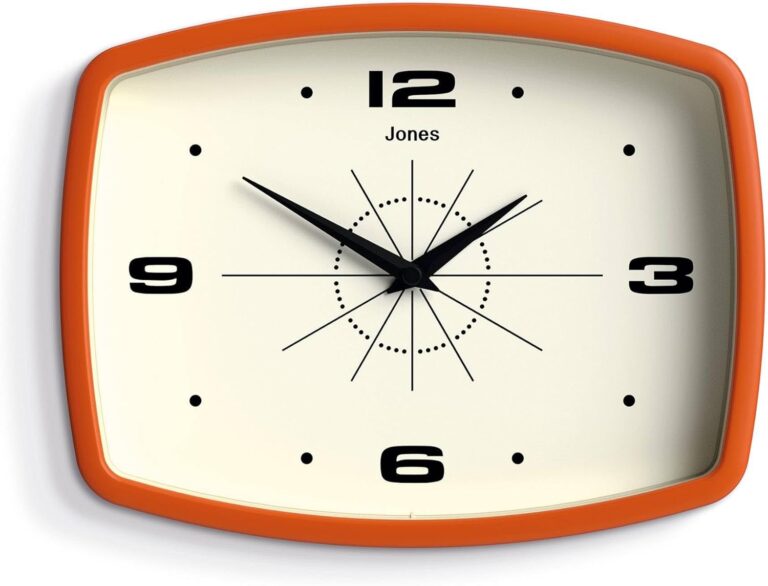 JONES CLOCKS Movie wall Clock | Retro Rectangular Clock | 10 inch | Orange | Cool mid-Century Designer Look for Kitchen, Living Room or Office